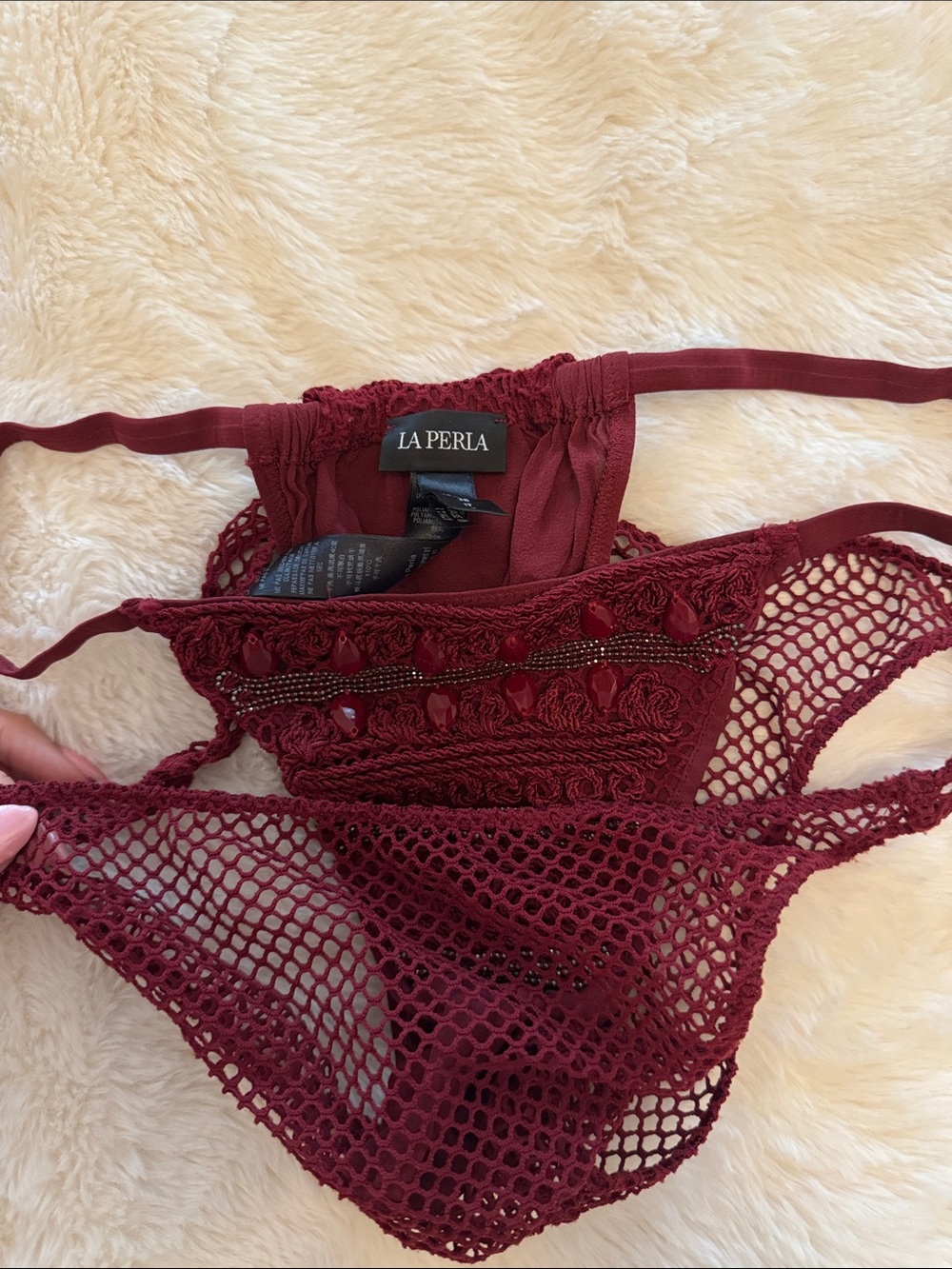 La Perla Wine Red Crochet & Mesh Thong Swim